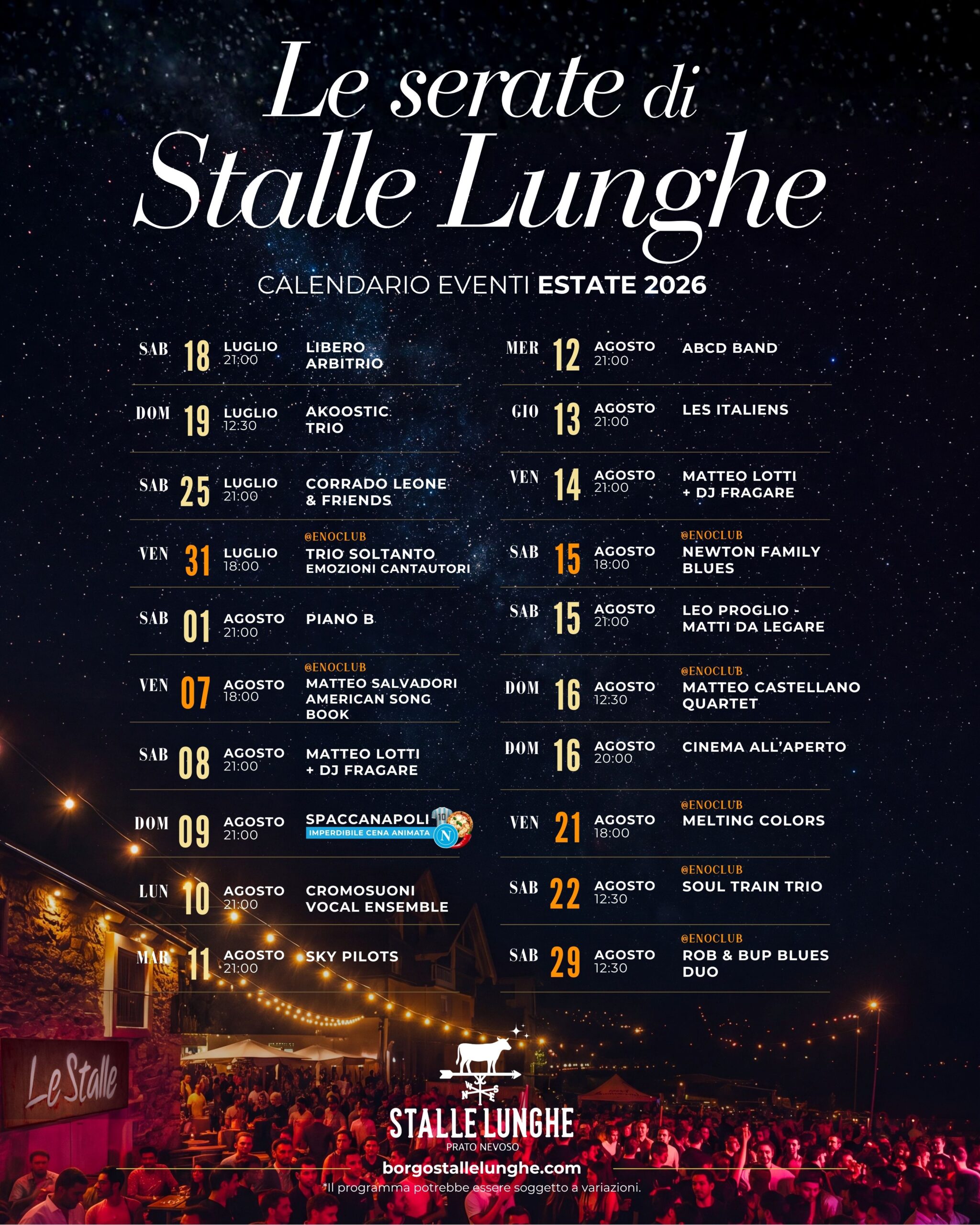 Calendario eventi estate 2026 delle serate di Stalle Lunghe a Prato Nevoso